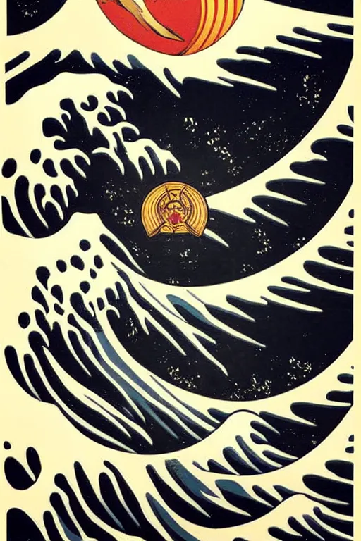 Prompt: Shepard Fairey Poster of The Great Wave off Kanagawa, Moon in the background, fine art photography