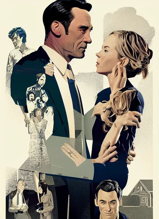 Image similar to poster artwork by Michael Whelan and Tomer Hanuka, Karol Bak of Naomi Watts & Jon Hamm husband & wife portrait, in the pose of The Graduate poster, from scene from Twin Peaks, clean, simple illustration, nostalgic, domestic, full of details