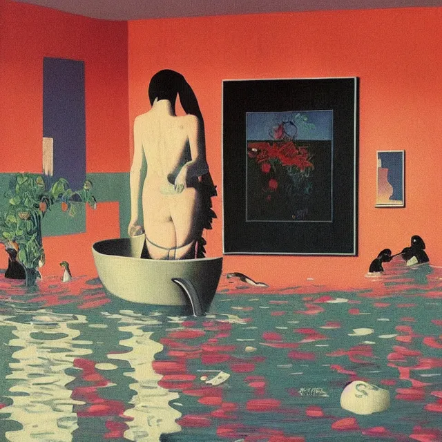 Image similar to tall emo artist in her flooded apartment, painting of flood waters inside an artist's home, a river flooding indoors, pomegranates, pigs, ikebana, zen, water, octopus, river, rapids, waterfall, black swans, canoe, berries, acrylic on canvas, surrealist, by magritte and monet