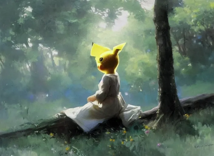 Image similar to oil painting of beautiful pikachu contemplating, art by anders zorn, wonderful masterpiece by greg rutkowski, beautiful cinematic light, american romanticism by greg manchess, creation by tyler edlin