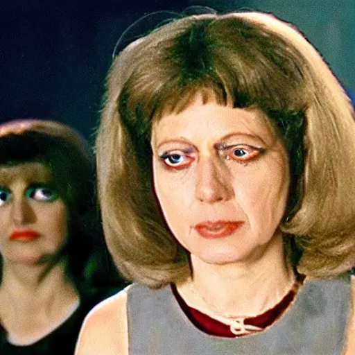 Image similar to middle-age woman enters an eyeball cult, 1977 live-action children's tv show, color