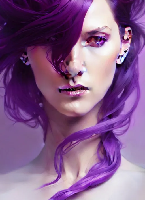 Image similar to Purple hair, creative colouring Portrait of woman, fashion, intricate, elegant, highly detailed, digital painting, artstation, concept art, smooth, sharp focus, illustration, art by artgerm and greg rutkowski and alphonse mucha