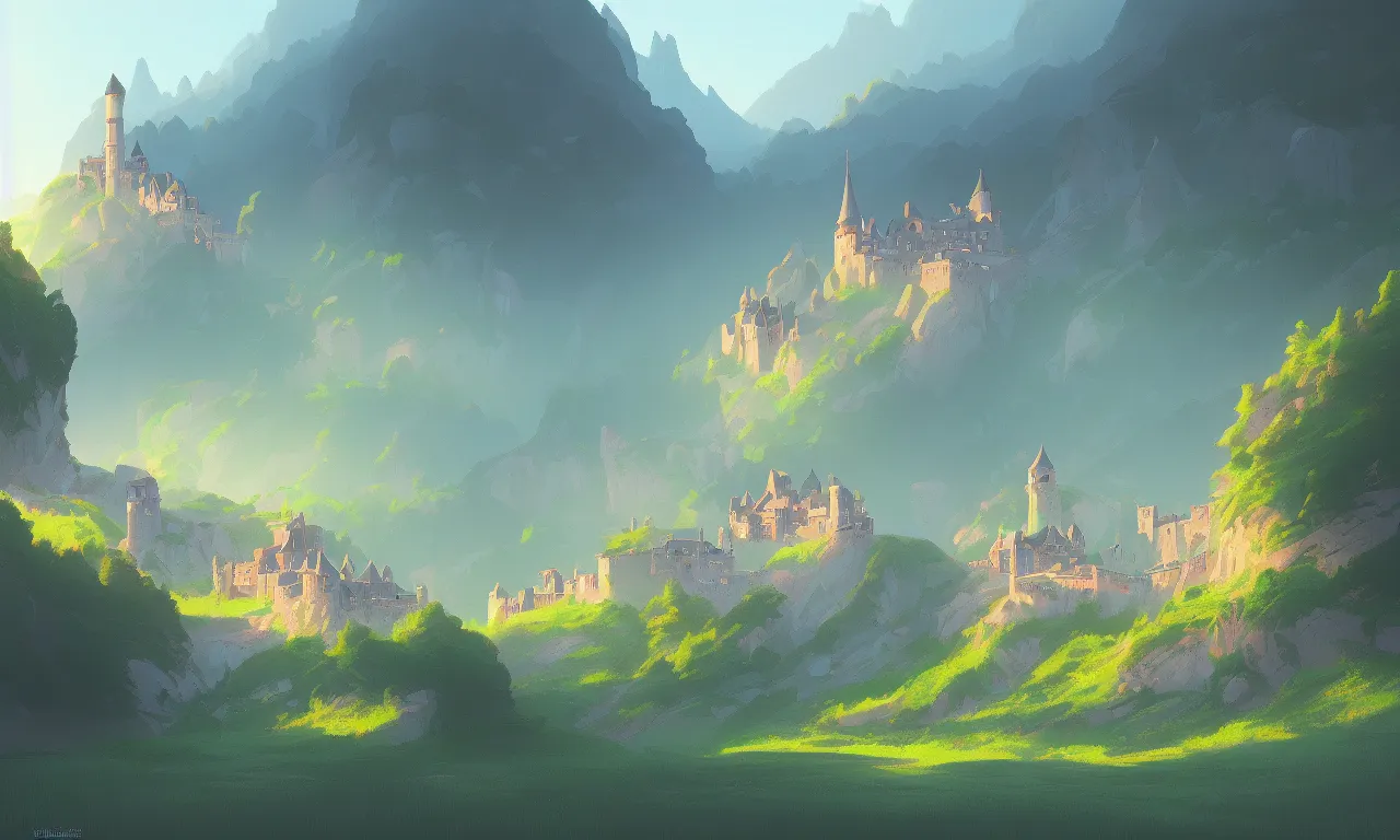 Prompt: digital painting of a small castle town, border, behind a forest, large mountains in back, vector art, high detail, trending on artstation, by Jordan grimmer, no focus, huge scene, grass