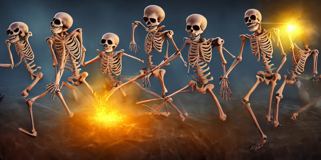 Image similar to skeletons, they are in front of a desk working on a new dark spell that is casting out flowing energy, colorful, flowing energy, light rays, medium shot, waist up, sharp, concept art, highly detailed, bloom, dramatic lighting, cinematic, by dreamworks