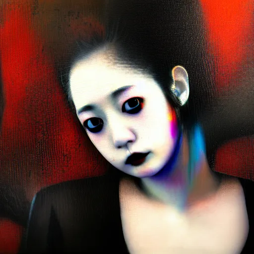 Image similar to yoshitaka amano blurred and dreamy realistic three quarter angle portrait of a young woman with black lipstick and black eyes wearing office suit, junji ito abstract patterns in the background, satoshi kon anime, noisy film grain effect, highly detailed, renaissance oil painting, weird portrait angle, blurred lost edges