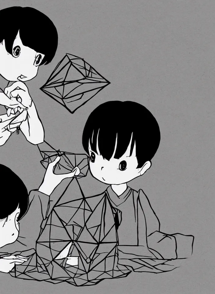 Prompt: a kid with bangs and black hair playing with a diamond-shaped mysterious device, hand drawn ink manga