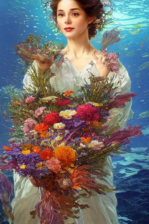 Prompt: portrait of a beautiful mysterious woman holding a bouquet of flowing flowers, hands hidden under the bouquet, submerged underwater filled with colorful small fish and coral reef, fantasy, regal, intricate, by stanley artgerm lau, greg rutkowski, thomas kindkade, alphonse mucha, loish, norman rockwell