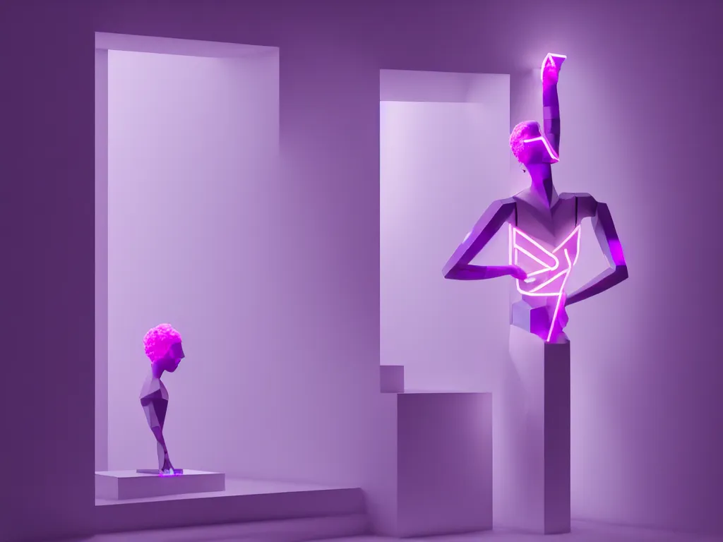 Image similar to beautiful mannequin sculpted out of amethyst by billelis + lit with geometric neon + iridescent geometric cubed bonsai plants!!!!, doorway opening with neon pink geometric light, clean linework, dramatic, finely detailed, rule of thirds, moody, award winning, 4 k, trending on artstation, photorealistic, volumetric lighting, octane render