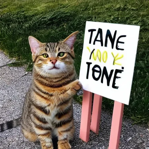 Image similar to a cute tabby cat holding a sign that says