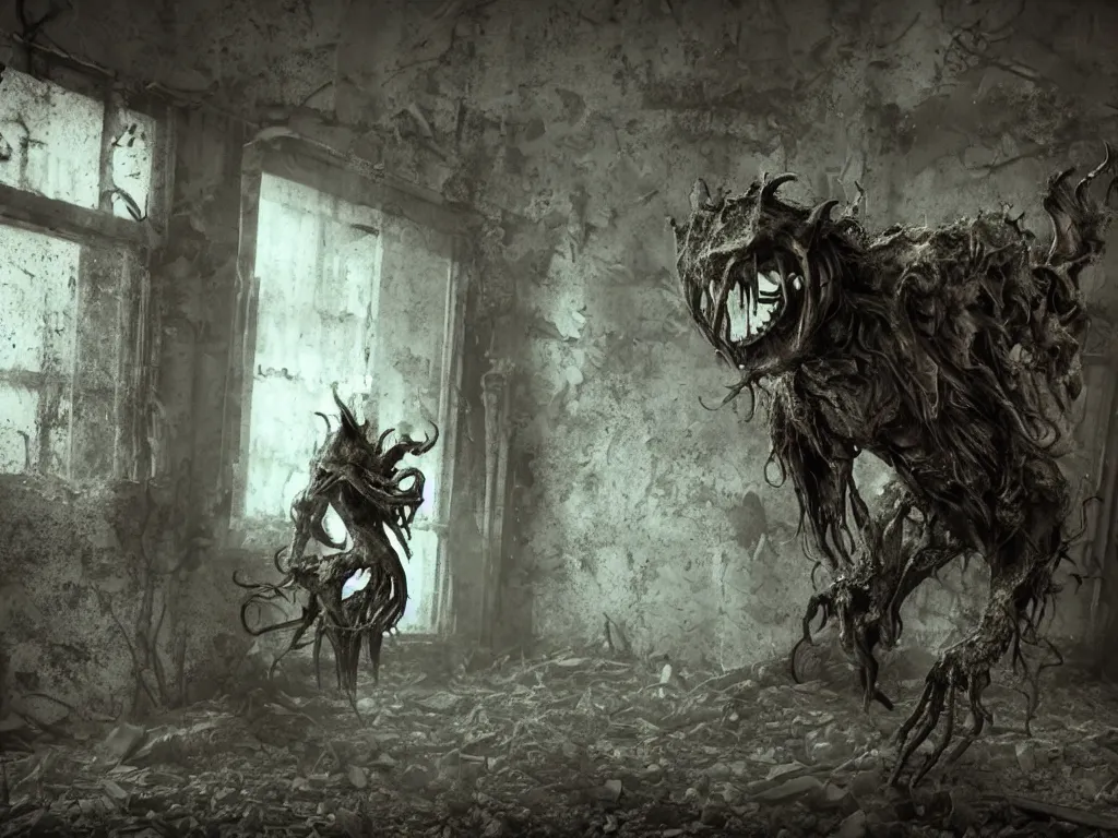 Prompt: mutant hunchback creature lurking in the corner of a room in an abandoned building, dirty windows, debris, tentacle beast, dust, bleak apocalyptic style, creepypasta, ominous vibe, sharp fangs