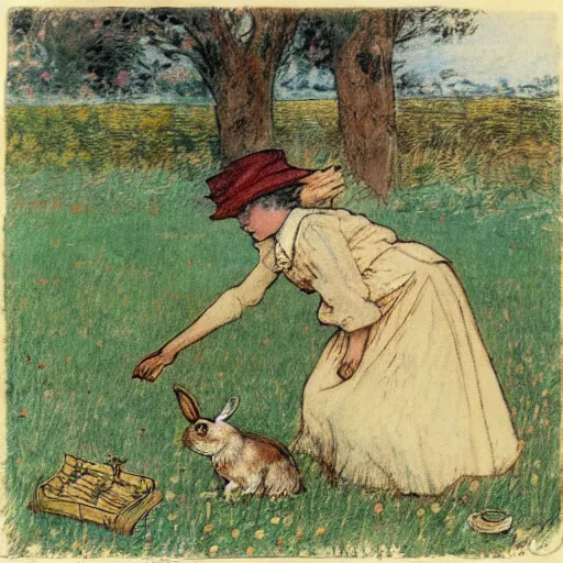 Prompt: a young edwardian woman playing chess against a rabbit in a field of grass, in the style of Carl Larsson