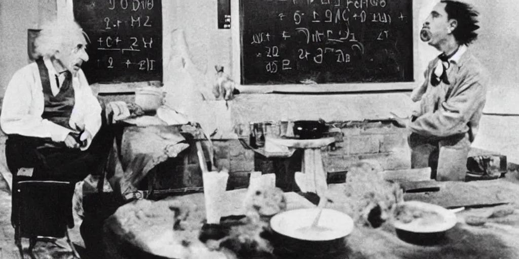 Prompt: old black and white photo of a cat solving M=mc2 on the blackboard in the background, with Albert Einstein eating a bowl of noodles in the Foreground, funny, ironic, silly