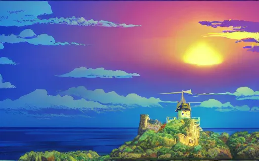 Prompt: an island with a giant castle on top of a giant turtle in the ocean, sunset, drawn by hayao miyazaki, studio ghibli film, hi res, high detail, 4k