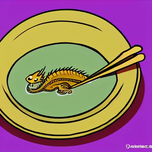 Prompt: dragon swimming on a plate of soup cartoon style