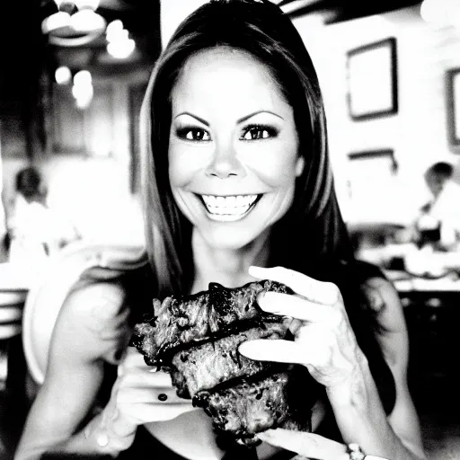 Prompt: Brooke Burke eating bbq ribs, closeup, intricate, elegant, highly detailed, photographed by ansel adams, sharp focus, black and white photography