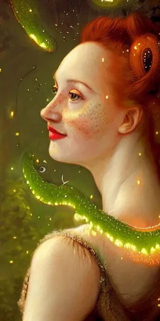 Image similar to infp young woman, smiling amazed, golden fireflies lights, full covering intricate detailed dress, amidst nature, long red hair, precise linework, accurate green eyes, small nose with freckles, oval shape face, realistic, expressive emotions, dramatic lights, hyper realistic ultrafine art by artemisia gentileschi, caravaggio, jessica rossier, boris vallejo