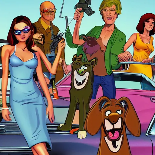 Image similar to Scooby Doo in GTA 5, cover art by stephen Bliss, no text, girls in bikinis in the background, holding a gun, trending on artstation