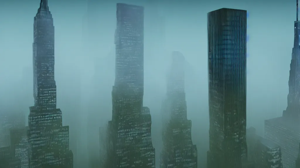 Image similar to Hulk sized Obama towers over a foggy Manhattan; render by Beeple, 4K; unreal, epic scene; ominous; bizarre world; odd world