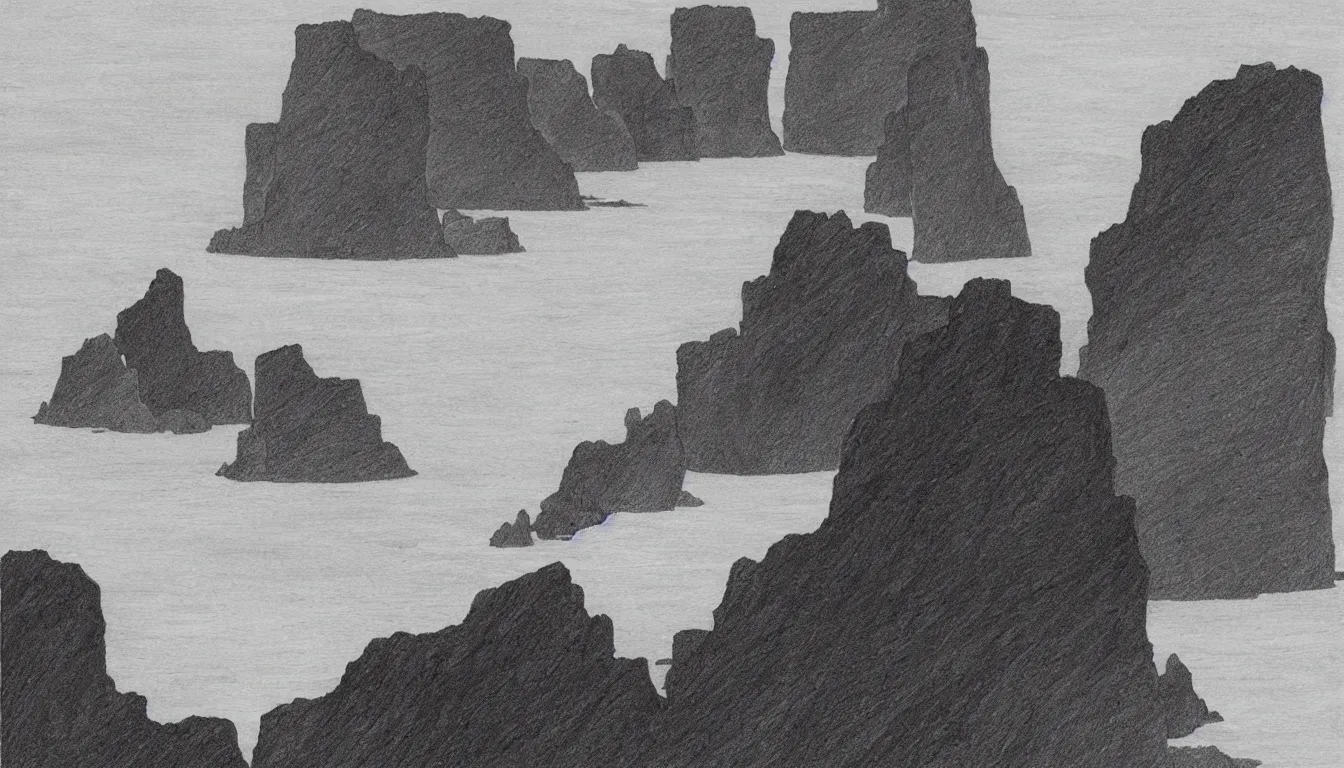 Prompt: ocean cliffs by Moebius, minimalist, detailed, black and white drawing