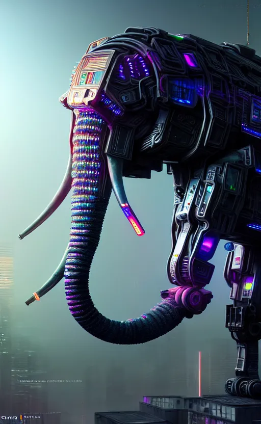 Image similar to hyper realistic and higly detailed photo of a cyberpunk mech elephant. intricate, wiring, electronic components, color diodes. volumetric light. professional digital art, lotr style, extremly detailed, trending on artstation, stuning, octane render, unreal engine 5, 8 k rendering.