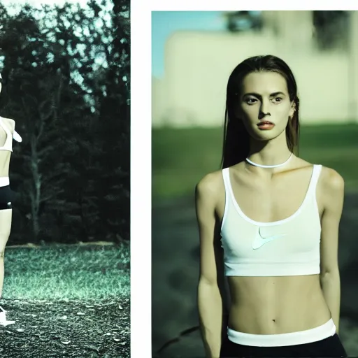 Image similar to realistic! photoshoot for a new nike lookbook, color film photography, portrait of a beautiful woman, photo in style of Paola Kudacki , 35mm