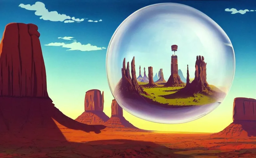Prompt: a scary hyperrealist painting of a rocketship in a giant transparent square bubble from howl's moving castle ( 2 0 0 4 ) in a flooded monument valley stonehenge jungle. depth perception, 4 k, artstation, in the style of studio ghibli