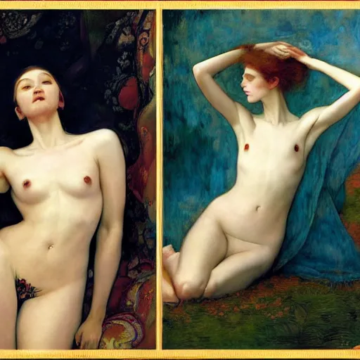 Image similar to paint me like one of your french girls, by Edgar Maxence and Ross Tran and Michael Whelan and Gustav Klimpt