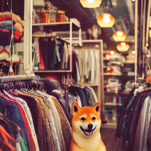 Prompt: shiba inu inside a japanese thrift store, cinematic light, warm colours, atmospheric, 8 k photography
