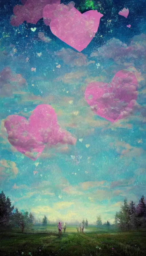 Prompt: cracked pink hearts on the starry night sky, landscape, trending on artstation, pink clouds, pink butterflies, green forest