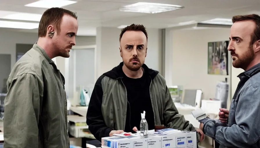 Image similar to still image of jessie pinkman from breaking bad selling drugs to michael scott form the office