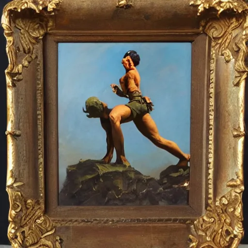 Prompt: frazetta oil painting of the junge ground low angle, cut off statue head lying on the ground