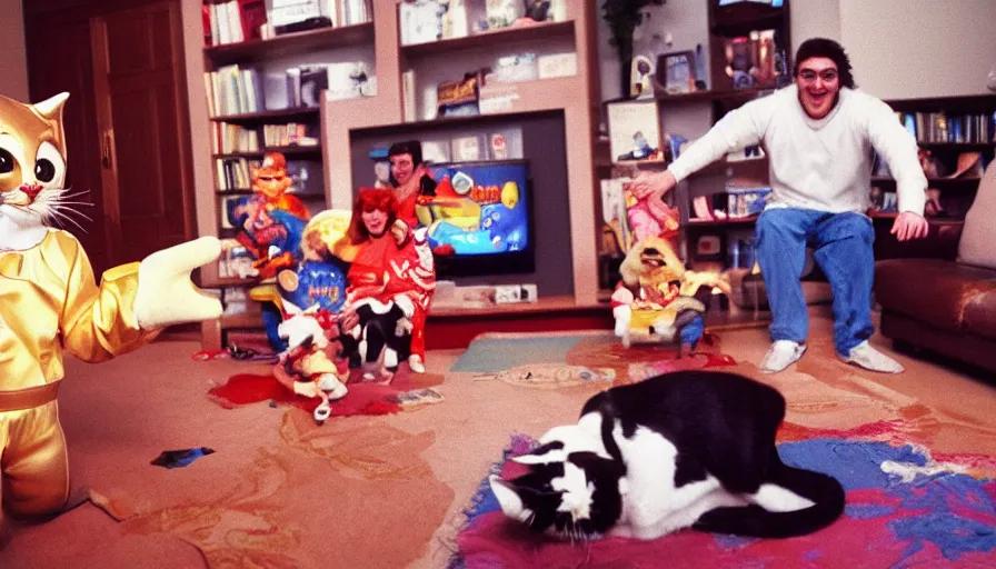 Image similar to 1990s candid 35mm photo of a beautiful day in the living room, cinematic lighting, cinematic look, golden hour, large costumed mascot people interacting with families, Enormous personified mascot people with outstandingly happy faces coming out of a portal and showing families how to teleport, cats playing video games in the background, UHD