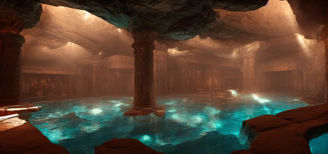 Prompt: dramatic photo of underground aztec interior, ambient occlusion, glowing pool of water, ancient goden statues, raytracing, unreal engine, dramatic lighting, detailed,, global illumination, god rays, 3 d artstation by greg rutowski and jessica rossier