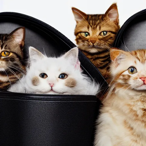 Image similar to a highly detailed photo of multiple furry cats, they are inside a big handbag, black background, studio lighting, 4 k, 8 k