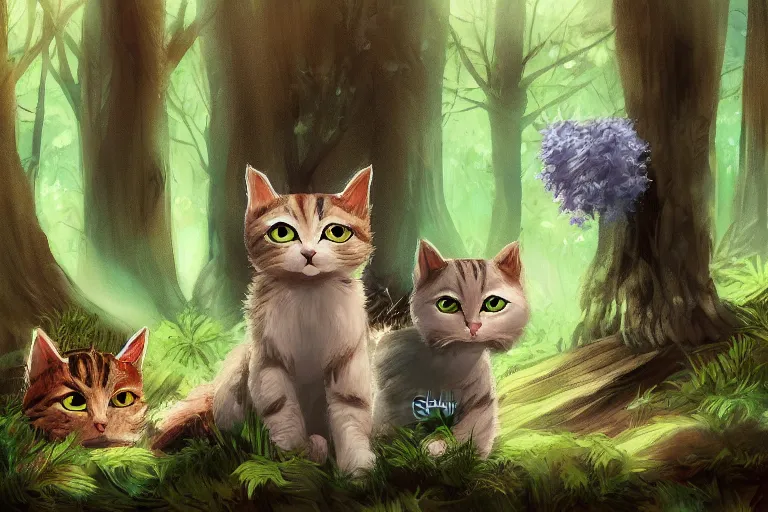 Image similar to cats in the forest, backlighting, digital art, trending on artstation, fanart, by wayne mclouglin, by kawacy