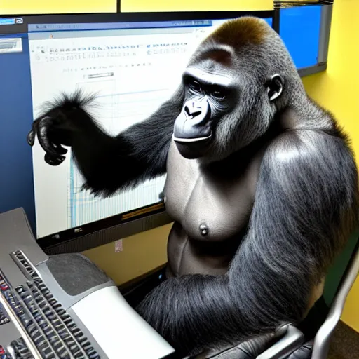 Image similar to a gorilla using a 9 0's computer to surf the internet