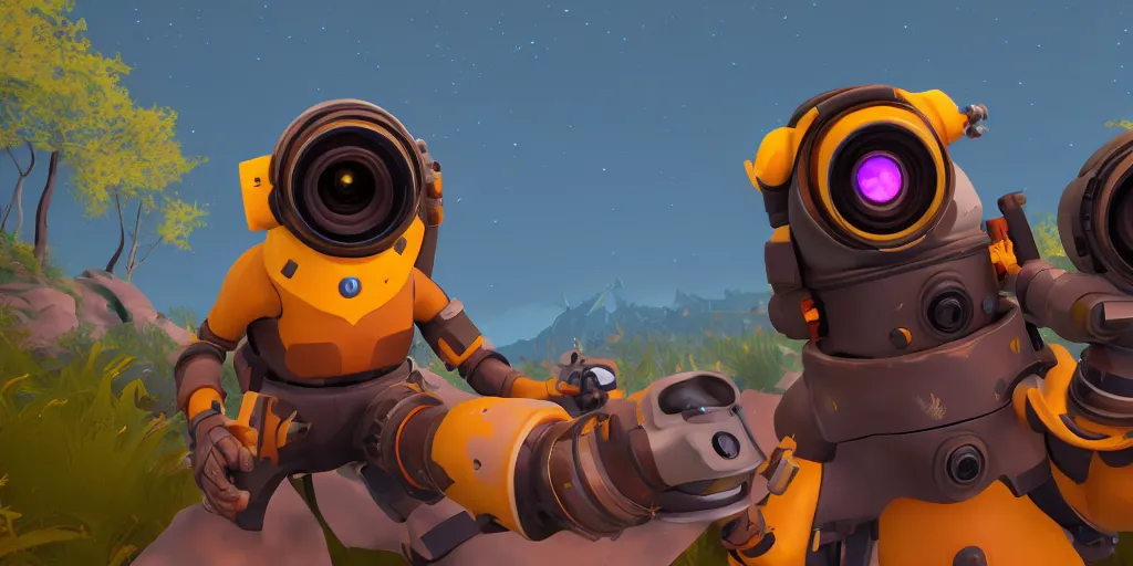 Image similar to selfie of a outer wilds character holding a camera, outer wilds screenshot, unreal engine, digital art