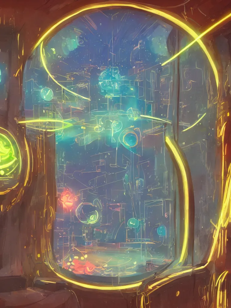 Image similar to neon orbs shining through a window by disney concept artists, blunt borders, rule of thirds