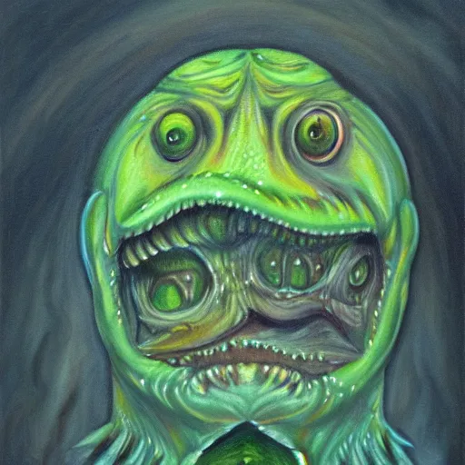 Prompt: fish person portrait, deep one, love craftian, innsmouth, painting, Eerie