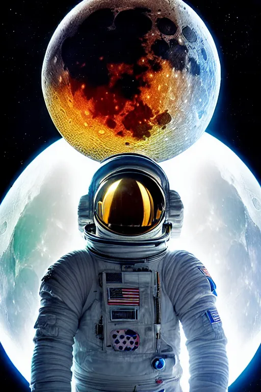 Prompt: extremely detailed portrait of space astronaut, wearing gloves, holds iphone, iphone visible, iphone in hand, reflection of the moon in visor, alien looking over shoulder from behind, extreme close shot, dramatic backlight, award winning photo by jimmy nelson