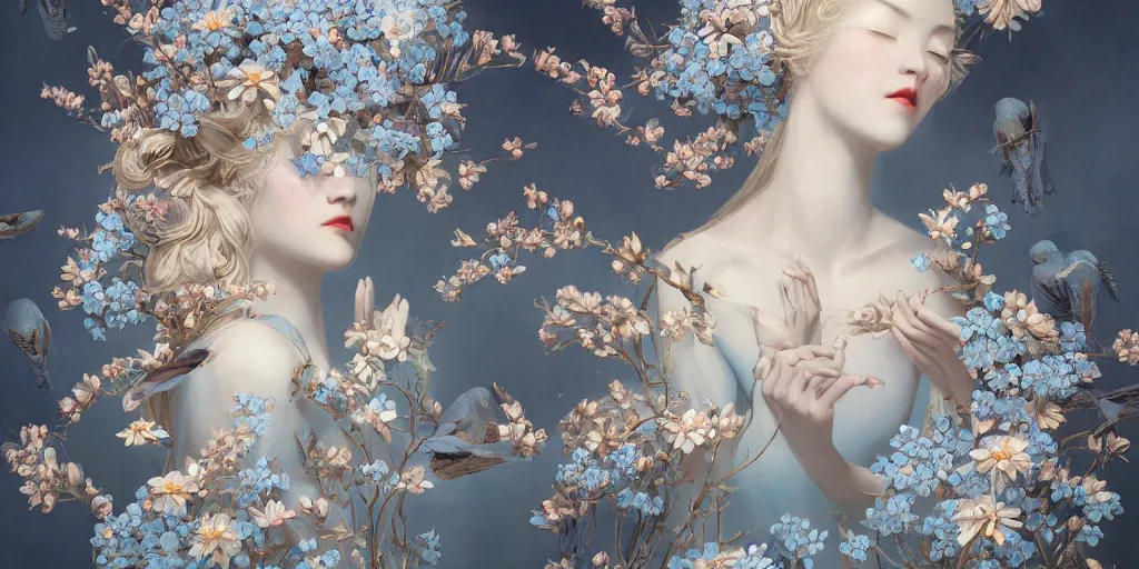 Image similar to breathtaking detailed concept art painting art deco pattern of blonde faces goddesses amalmation light - blue flowers with anxious piercing eyes and blend of flowers and birds, by hsiao - ron cheng and john james audubon, bizarre compositions, exquisite detail, extremely moody lighting, 8 k