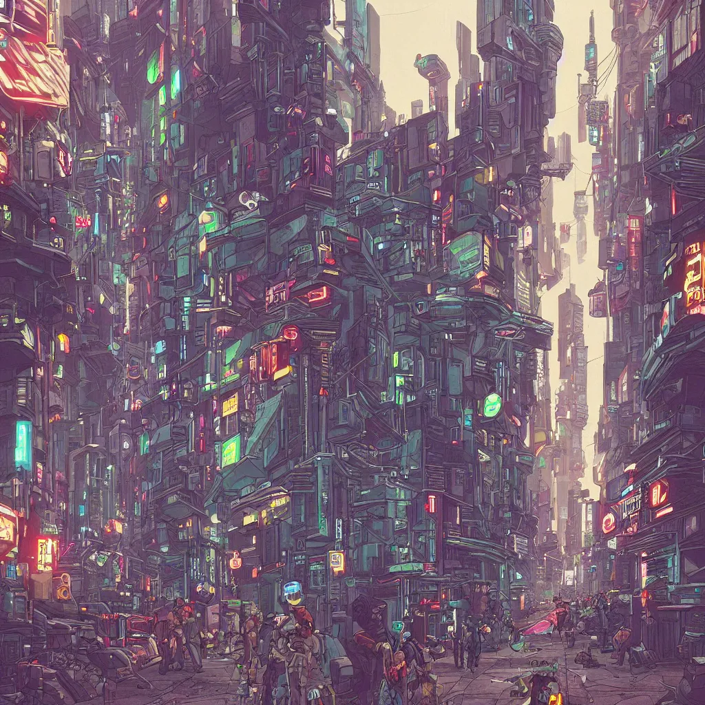 Image similar to a cyberpunk city street with robots and humans walking around, digital painting by moebius