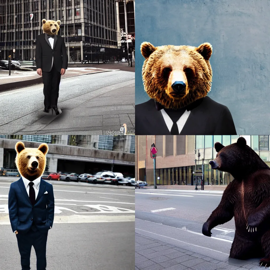 Prompt: realistic photograph of a bear in a suit in the city