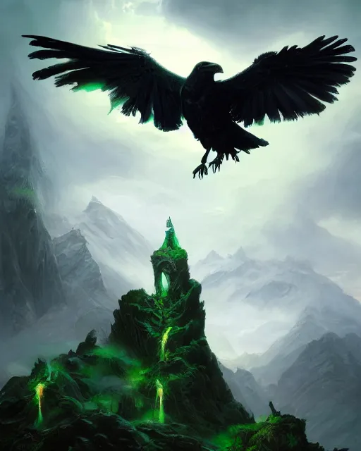 Image similar to oil painting of a Anthropomorphized raven shaman casting spell on mountain, in the clouds behind transparant spirit of green dragon, sharp focus, heroic pose, fantasy style, octane render, volumetric lighting, 8k high definition, by greg rutkowski, highly detailed, trending on art Station, magic the gathering artwork, mountain background, centered