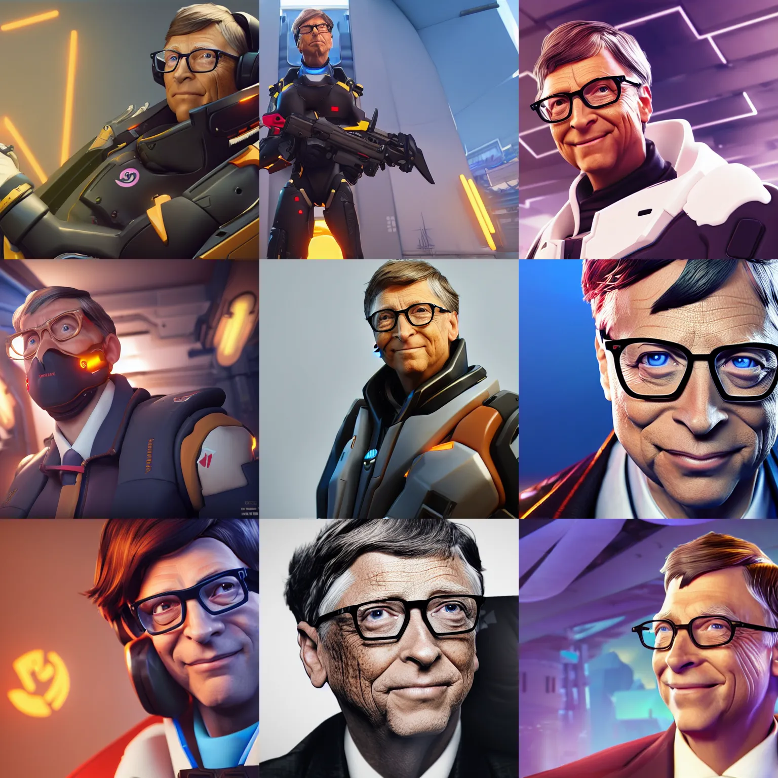 Prompt: bill gates in overwatch, overwatch fanart, trending on artstation, 8 k, octane render