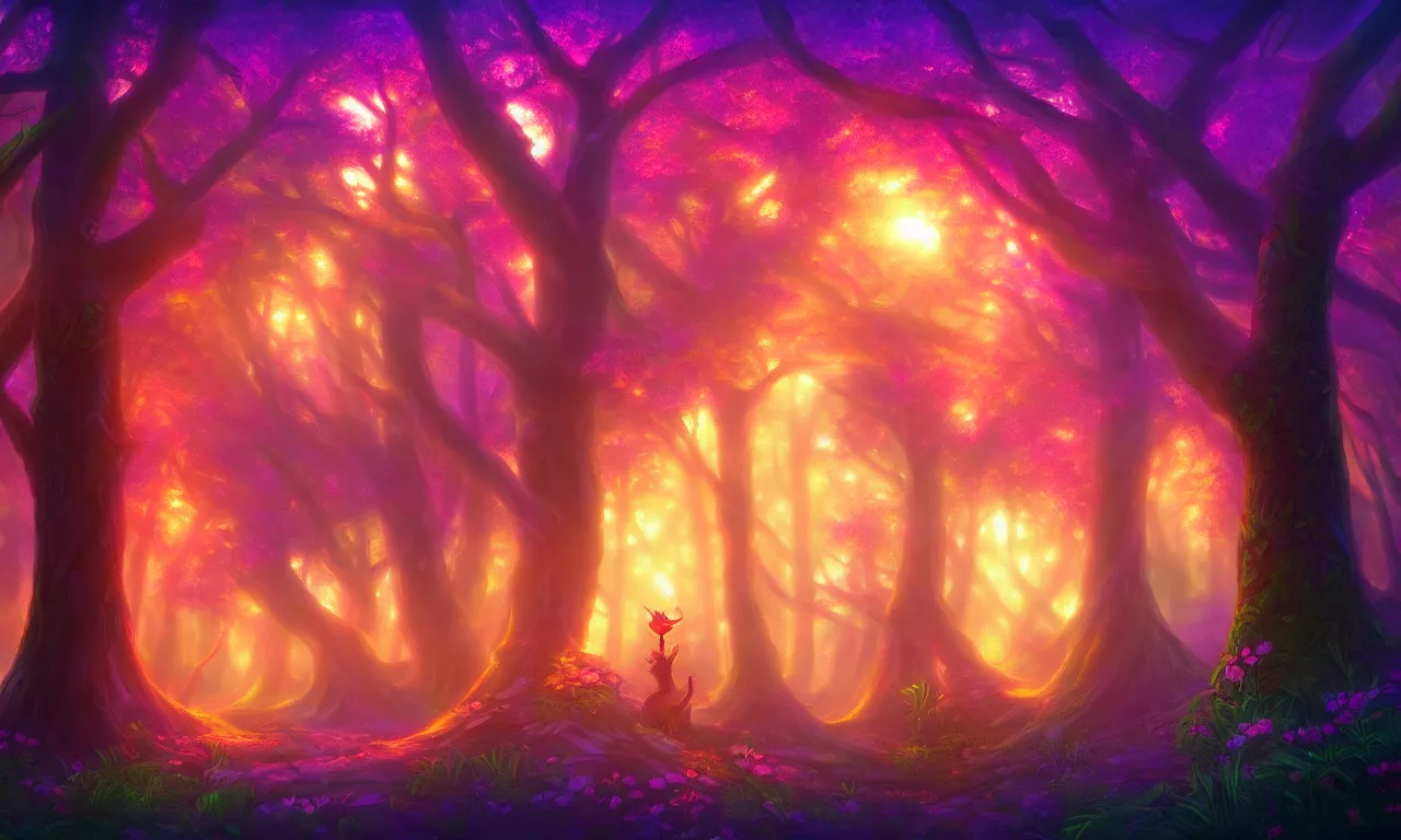 Image similar to enchanted magical forest on magical colorful fire , digital painting , digital art , artstation , devian art , 4k , HD