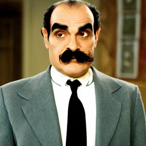 Image similar to scene of the hercule poirot tv serie featuring david suchet without a moustache