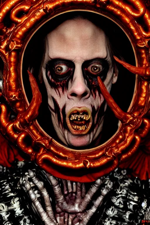 Prompt: dressed steve buscemi, a sinister demonic queen of cenobites, symmetrical, cinematic, elegant, demonic atmosphere, professional studio light, real dlsr photography, sharp focus, costume made by clive barker, real rotten flesh, blood and bones, 4 k, ultra hd, sense of awe