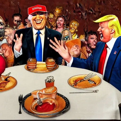 Image similar to smiling trump meets with [ laughing slaanesh warhammer 4 0 k ] at a diner, style of norman rockwell, 8 k, ultra detailed, photograph, rule of thirds.