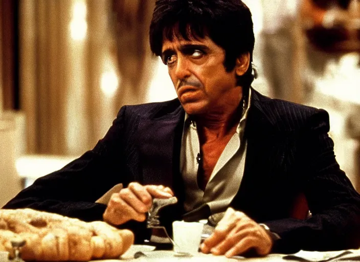 Image similar to tony montana from movie scarface 1 9 8 3 sitting behind a big black oak table with big large packages of flour. long shot. al pacino. perfect symmetric face, coherent eyes, fine details, 4 k, ron cobb. last scene from scarface movie